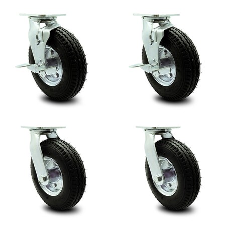 Service Caster 8 Inch Black Pneumatic Wheel Caster Swivel with Swivel Locks 2 with Brakes, 4PK SCC-100S280-PNB-TLB-BSL-2-BSL-2